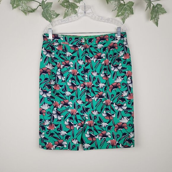 J. Crew Women's Size 10 Green Floral Multi Cotton Back Slit Lined Pencil Skirt - Picture 2 of 5